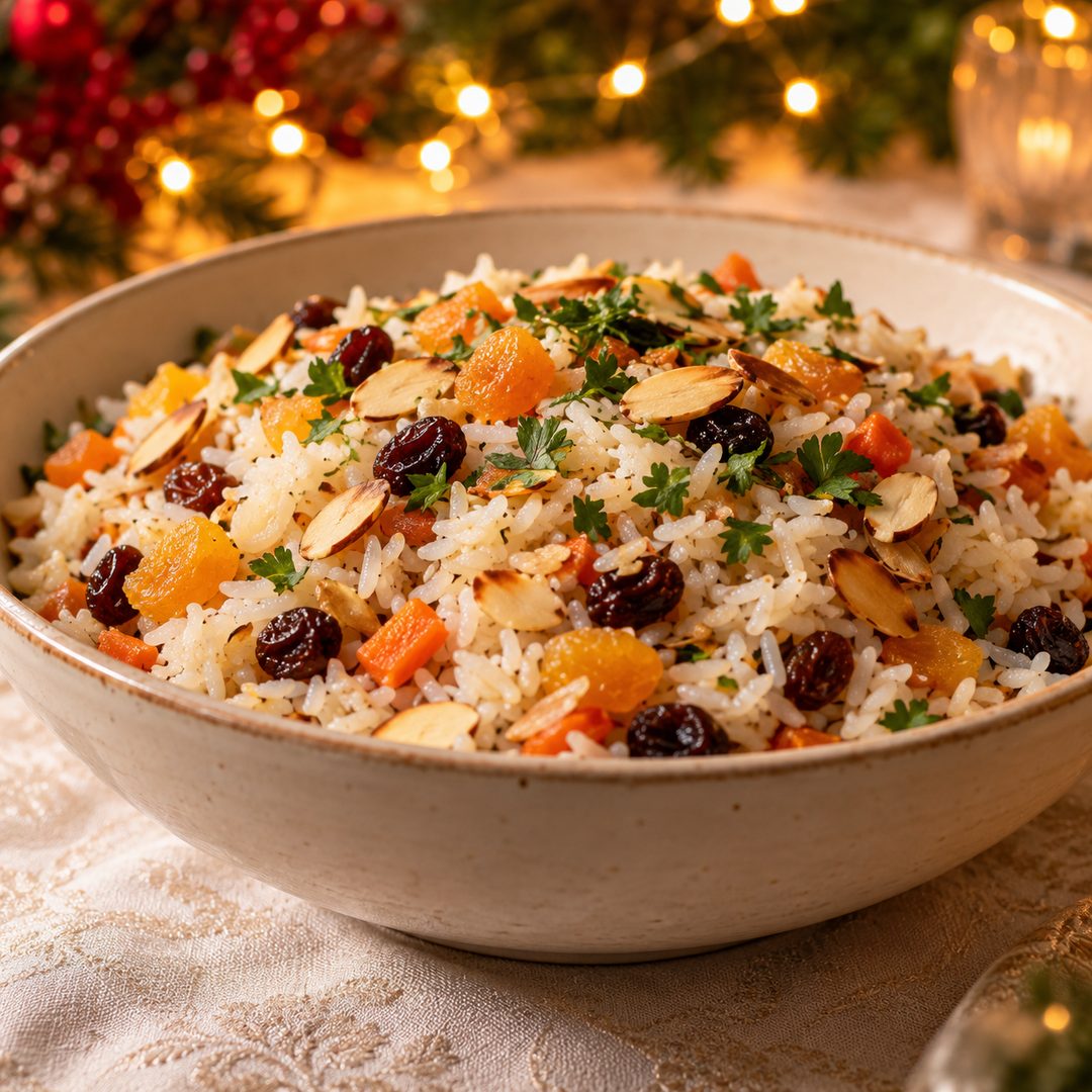 Arroz natalino com frutas secas e castanhas