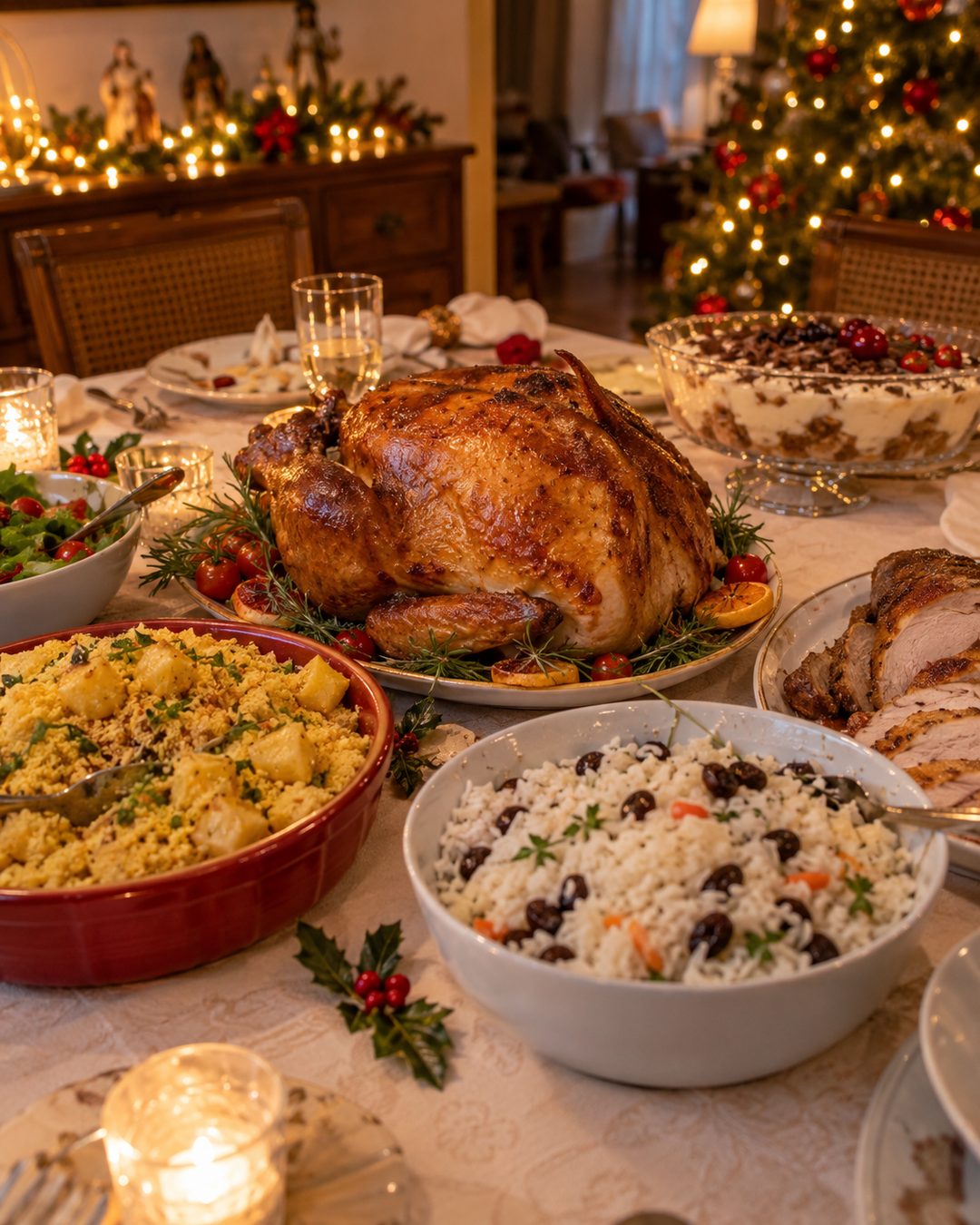 Mesa de ceia de Natal posta com peru, farofa, arroz e sobremesas