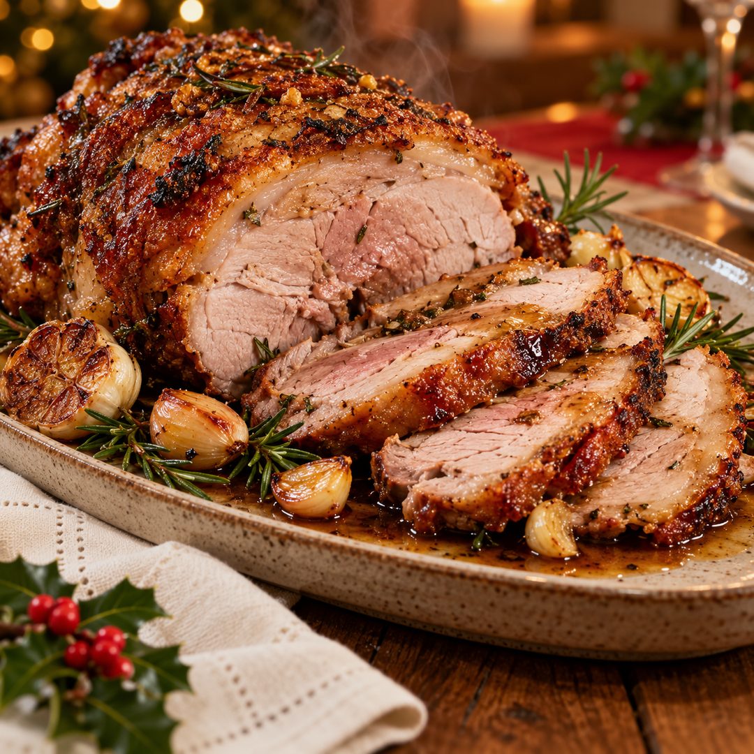Pernil assado fatiado com molho