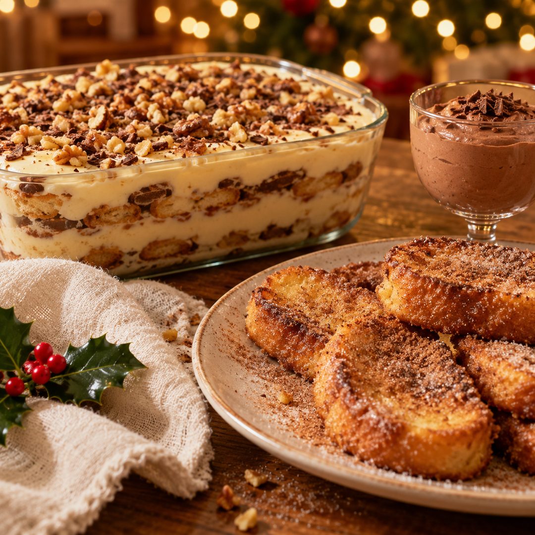 Pavê e rabanada servidos em travessa de Natal